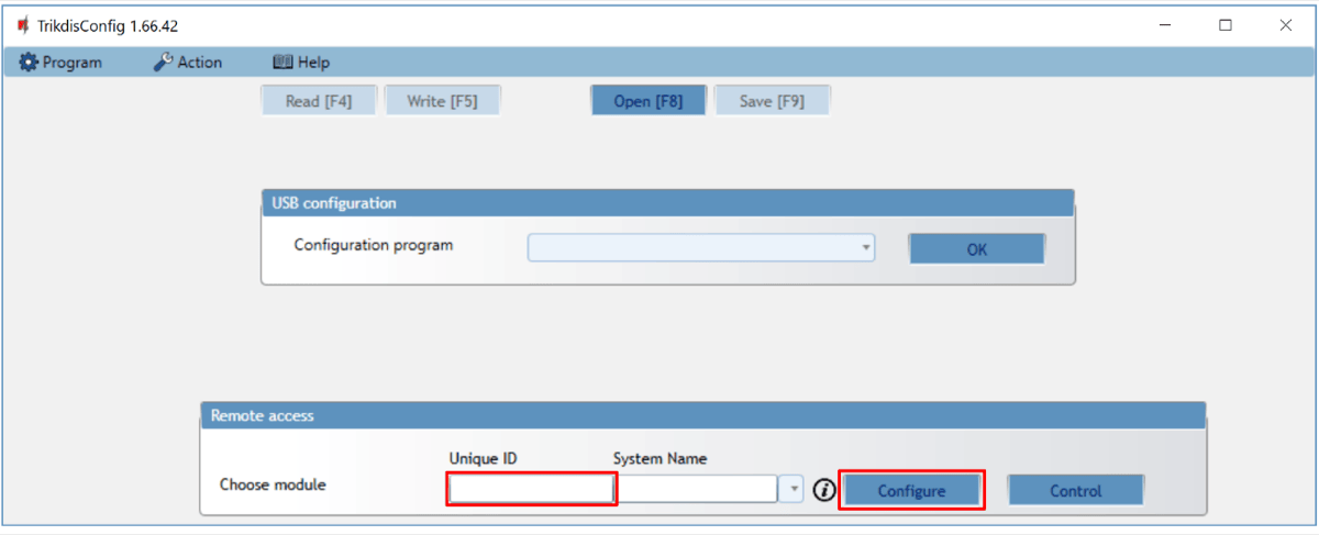 TrikdisConfig start window: USB configuration group with Configuration program dropdown and OK button; Remote access group below with Unique ID field and Configure button highlighted, next to System Name field and a Control button.