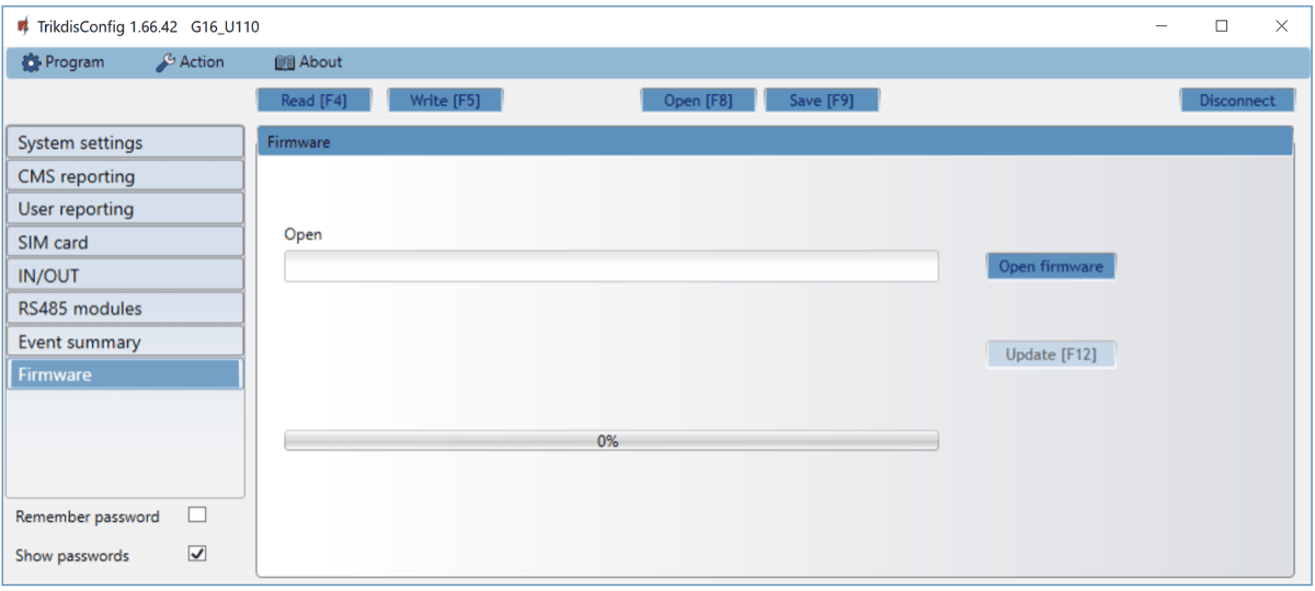 TrikdisConfig 'Firmware' window: empty Open field, Open firmware button, greyed Update (F12) button, progress bar at 0%.