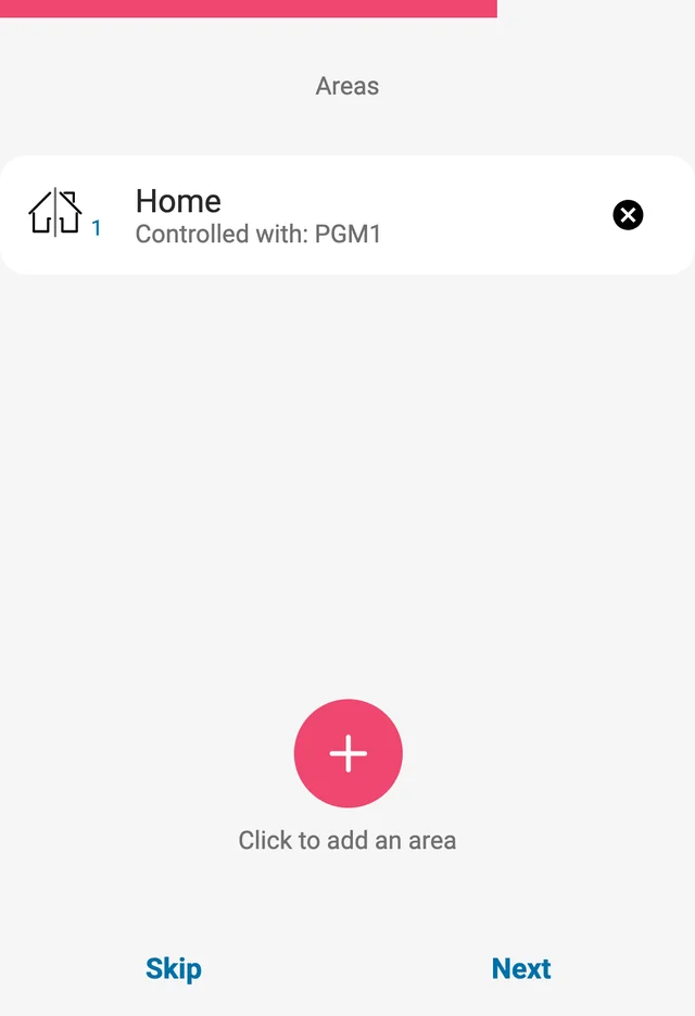 Protegus2 app 'Areas' page: area Home, 'Controlled with: PGM1', with a remove button; below it a plus button and 'Click to add an area'. Buttons: Skip, Next.