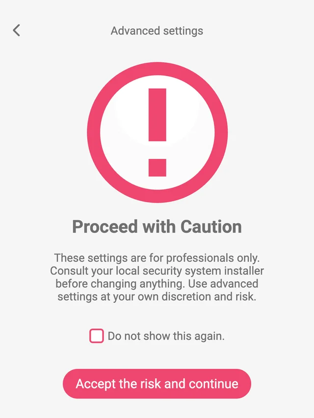 Protegus app, Advanced settings: 'Proceed with Caution' warning that these settings are for professionals only, with a 'Do not show this again.' checkbox and the 'Accept the risk and continue' button.