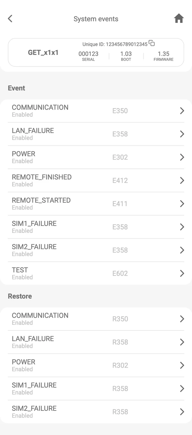 Protegus app, System events. Event list, all enabled: COMMUNICATION E350, LAN_FAILURE E358, POWER E302, REMOTE_FINISHED E412, REMOTE_STARTED E411, SIM1_FAILURE E358, SIM2_FAILURE E358, TEST E602. Restore list: COMMUNICATION R350, LAN_FAILURE R358, POWER R302, SIM1_FAILURE R358, SIM2_FAILURE R358.