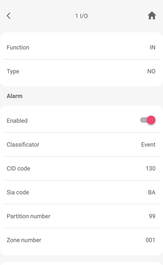 Protegus app, IN/OUT, terminal 1: Function IN, Type NO; Alarm event: Enabled on, Classificator Event, CID code 130, Sia code BA, Partition number 99, Zone number 001.