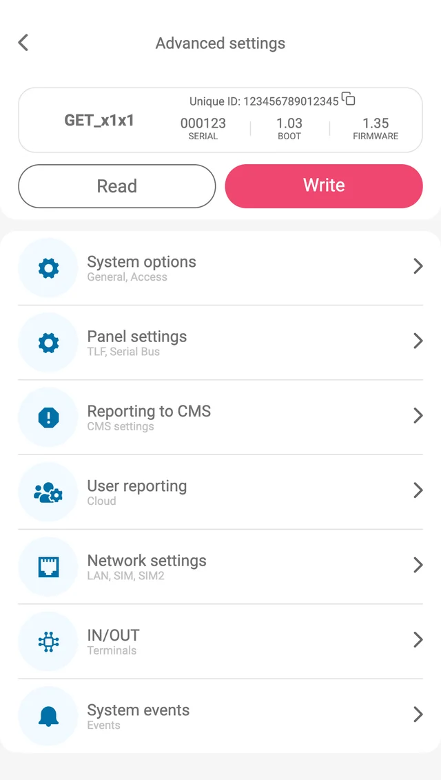 Protegus app, Advanced settings menu for GET: device card with Unique ID, serial number, boot version 1.03 and firmware 1.35; Read and Write buttons; menu items System options, Panel settings, Reporting to CMS, User reporting, Network settings, IN/OUT and System events.