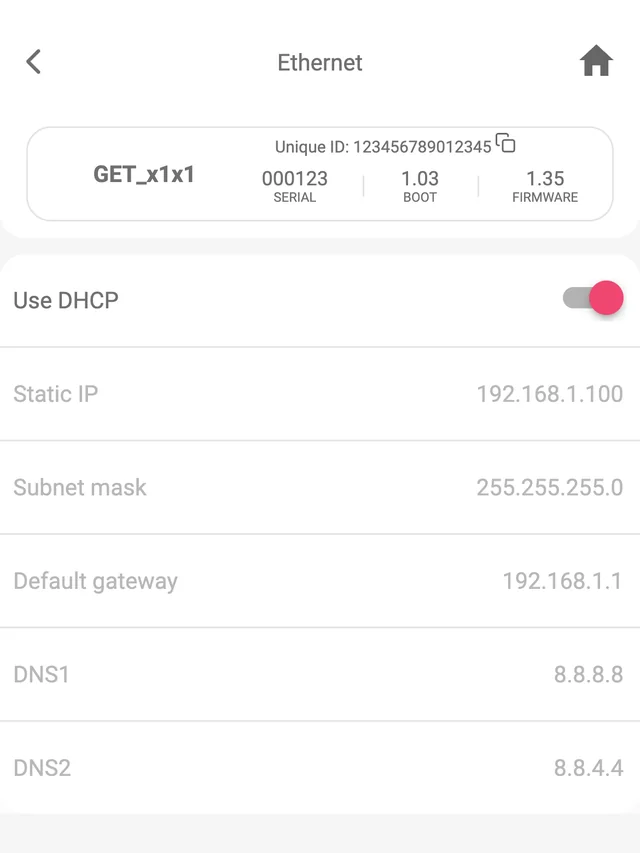 Protegus app, Network settings, LAN (Ethernet screen): Use DHCP on; Static IP 192.168.1.100, Subnet mask 255.255.255.0, Default gateway 192.168.1.1, DNS1 8.8.8.8 and DNS2 8.8.4.4 greyed out.
