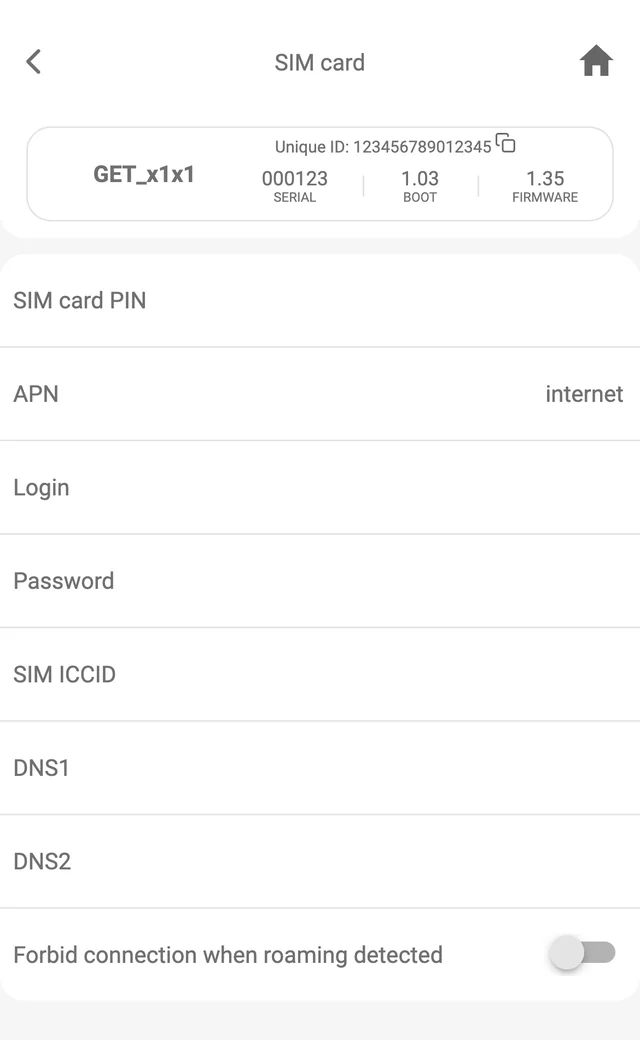 Protegus app, Network settings, SIM (SIM card screen): SIM card PIN, APN internet, Login, Password, SIM ICCID, DNS1, DNS2, and Forbid connection when roaming detected off.