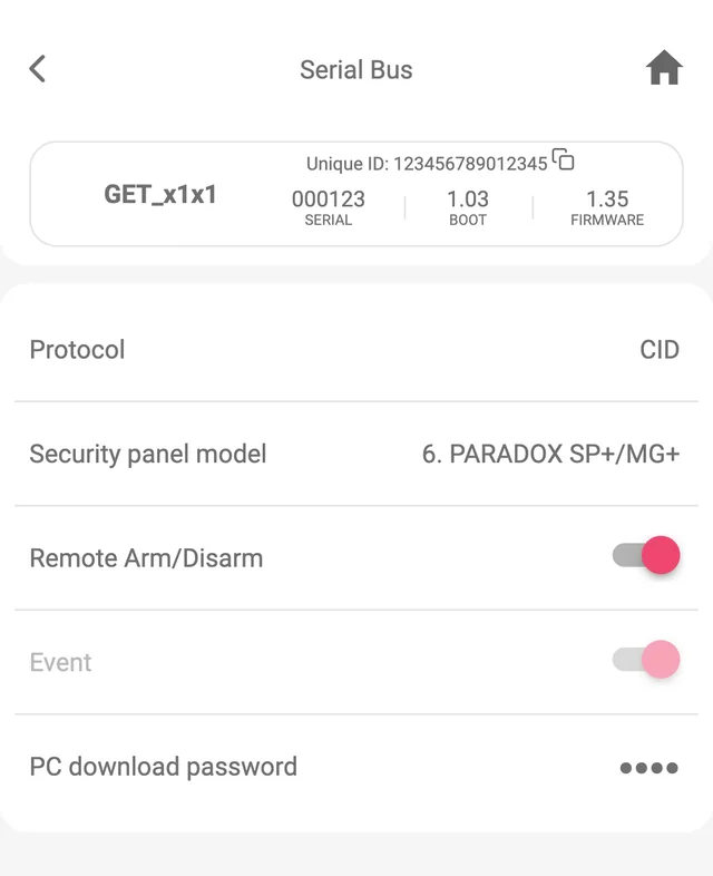 Protegus app, Panel settings, Serial Bus: Protocol CID, Security panel model 6. PARADOX SP+/MG+, Remote Arm/Disarm on, Event on but greyed out, PC download password (masked).