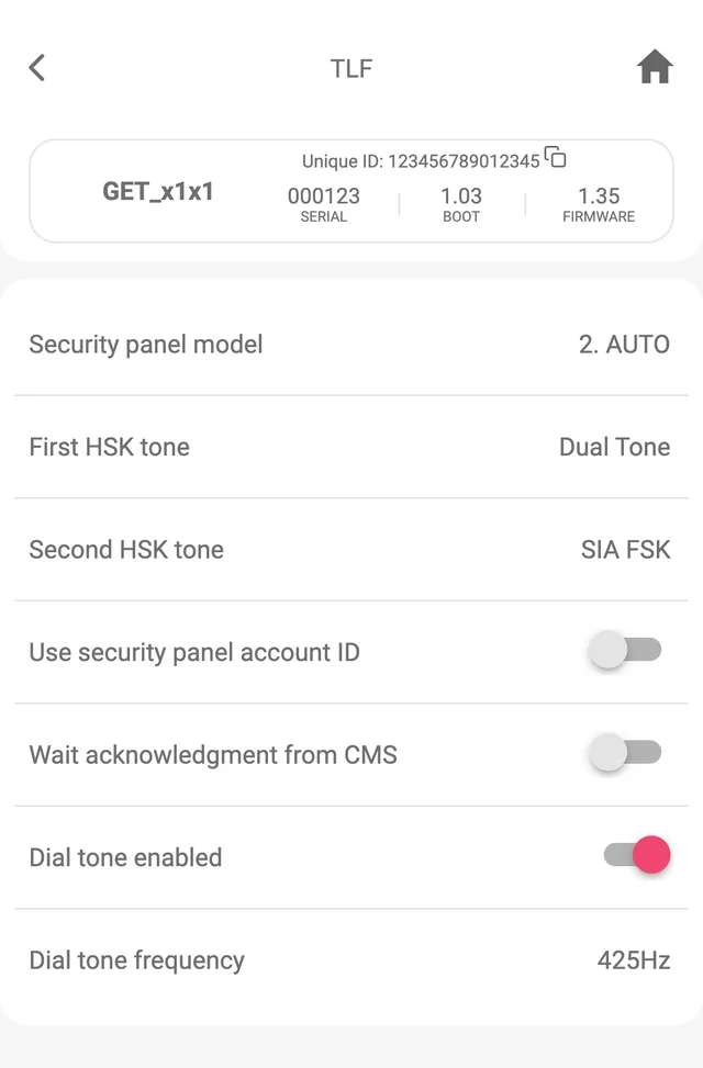 Protegus app, Panel settings, TLF: Security panel model 2. AUTO, First HSK tone Dual Tone, Second HSK tone SIA FSK, Use security panel account ID off, Wait acknowledgment from CMS off, Dial tone enabled on, Dial tone frequency 425 Hz.