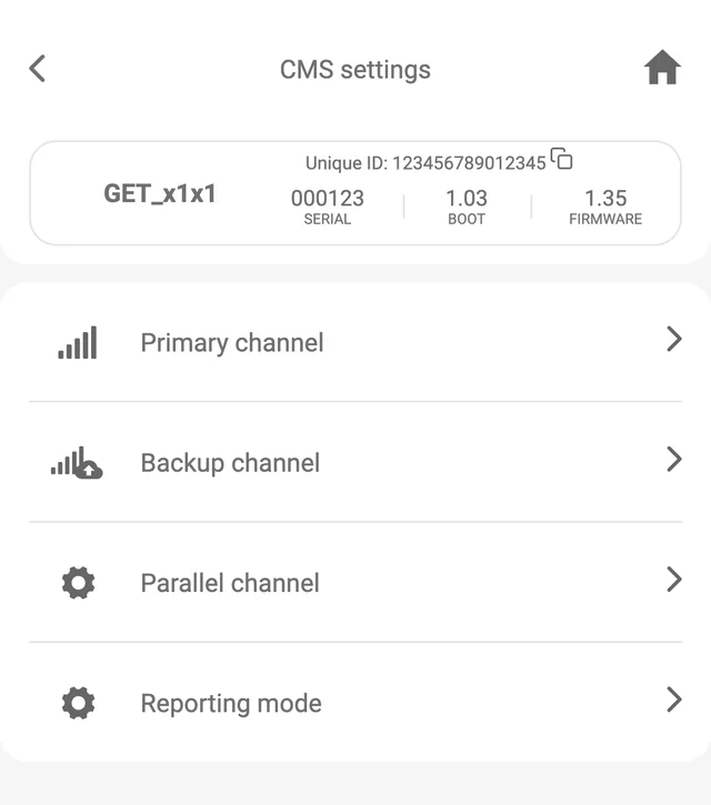 Protegus app, Reporting to CMS, CMS settings: Primary channel, Backup channel, Parallel channel and Reporting mode.