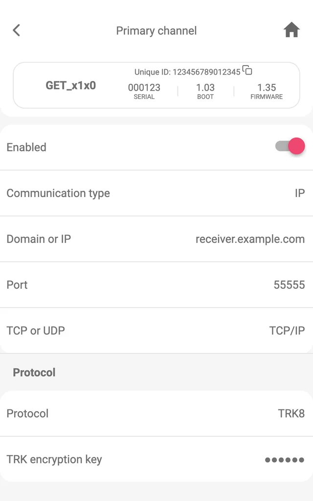 Protegus app, Primary channel on GET hardware x1x0: Enabled on, Communication type IP, Domain or IP receiver.example.com, Port 55555, TCP or UDP TCP/IP; Protocol TRK8 with TRK encryption key (masked).