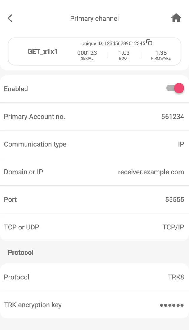 Protegus app, Primary channel on GET hardware x1x1: Enabled on, Primary Account no. 561234, Communication type IP, Domain or IP receiver.example.com, Port 55555, TCP or UDP TCP/IP; Protocol TRK8 with TRK encryption key (masked).