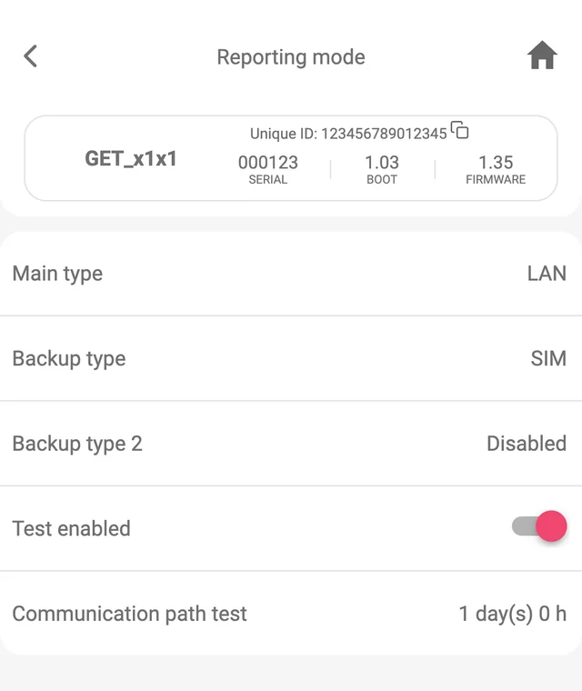 Protegus app, CMS settings, Reporting mode: Main type LAN, Backup type SIM, Backup type 2 Disabled, Test enabled on, Communication path test 1 day(s) 0 h.