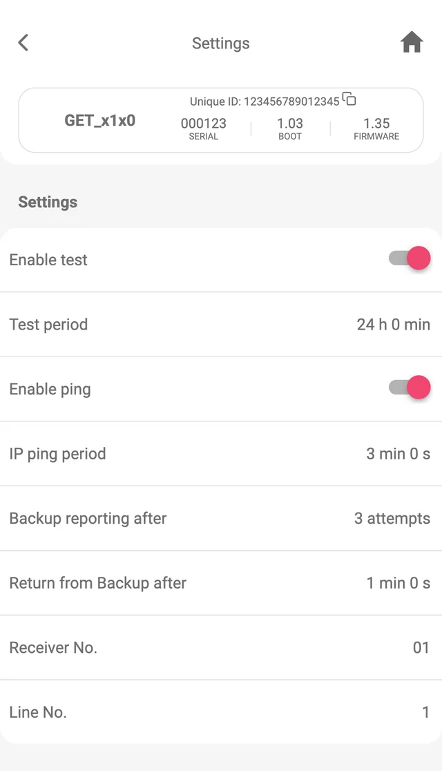 Protegus app, Reporting to CMS, Settings on GET hardware x1x0: Enable test on, Test period 24 h 0 min, Enable ping on, IP ping period 3 min 0 s, Backup reporting after 3 attempts, Return from Backup after 1 min 0 s, Receiver No. 01, Line No. 1.