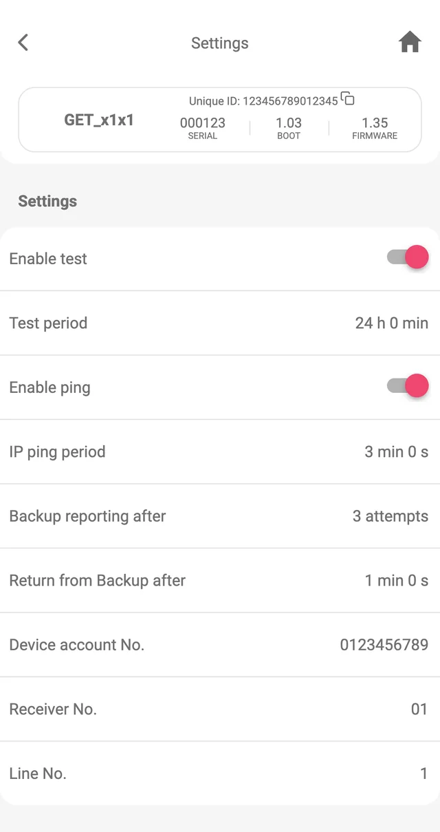Protegus app, Reporting to CMS, Settings on GET hardware x1x1: Enable test on, Test period 24 h 0 min, Enable ping on, IP ping period 3 min 0 s, Backup reporting after 3 attempts, Return from Backup after 1 min 0 s, Device account No. 0123456789, Receiver No. 01, Line No. 1.