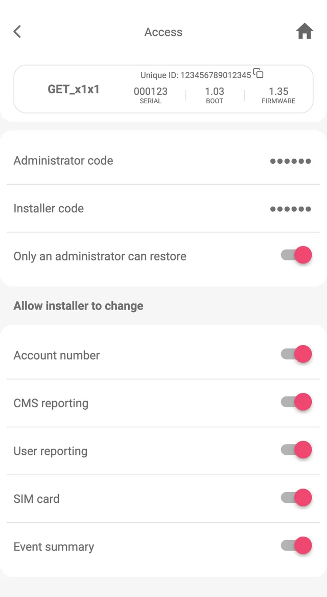 Protegus app, System options, Access: Administrator code and Installer code (masked), Only an administrator can restore on, and under Allow installer to change: Account number, CMS reporting, User reporting, SIM card and Event summary, all on.
