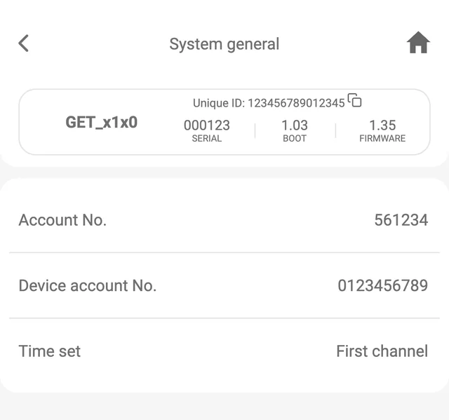 Protegus app, System options, System general on GET hardware x1x0: Account No. 561234, Device account No. 0123456789, Time set First channel.