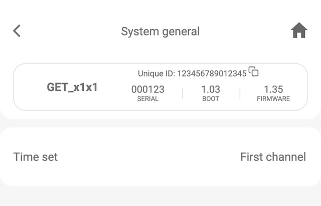 Protegus app, System options, System general on GET hardware x1x1 with firmware 1.35: only Time set (First channel); the account numbers are in the CMS settings.