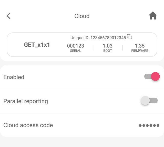 Protegus app, User reporting, Cloud: Enabled on, Parallel reporting off, Cloud access code (masked).