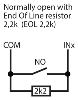 Input wiring schematic: NO contact with a 2,2k end of line resistor in parallel between COM and INx (EOL 2,2k).