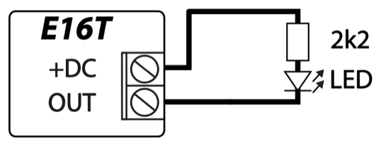 Wiring diagram: E16T to an LED. +DC through a 2k2 resistor to the LED, and the LED back to OUT.