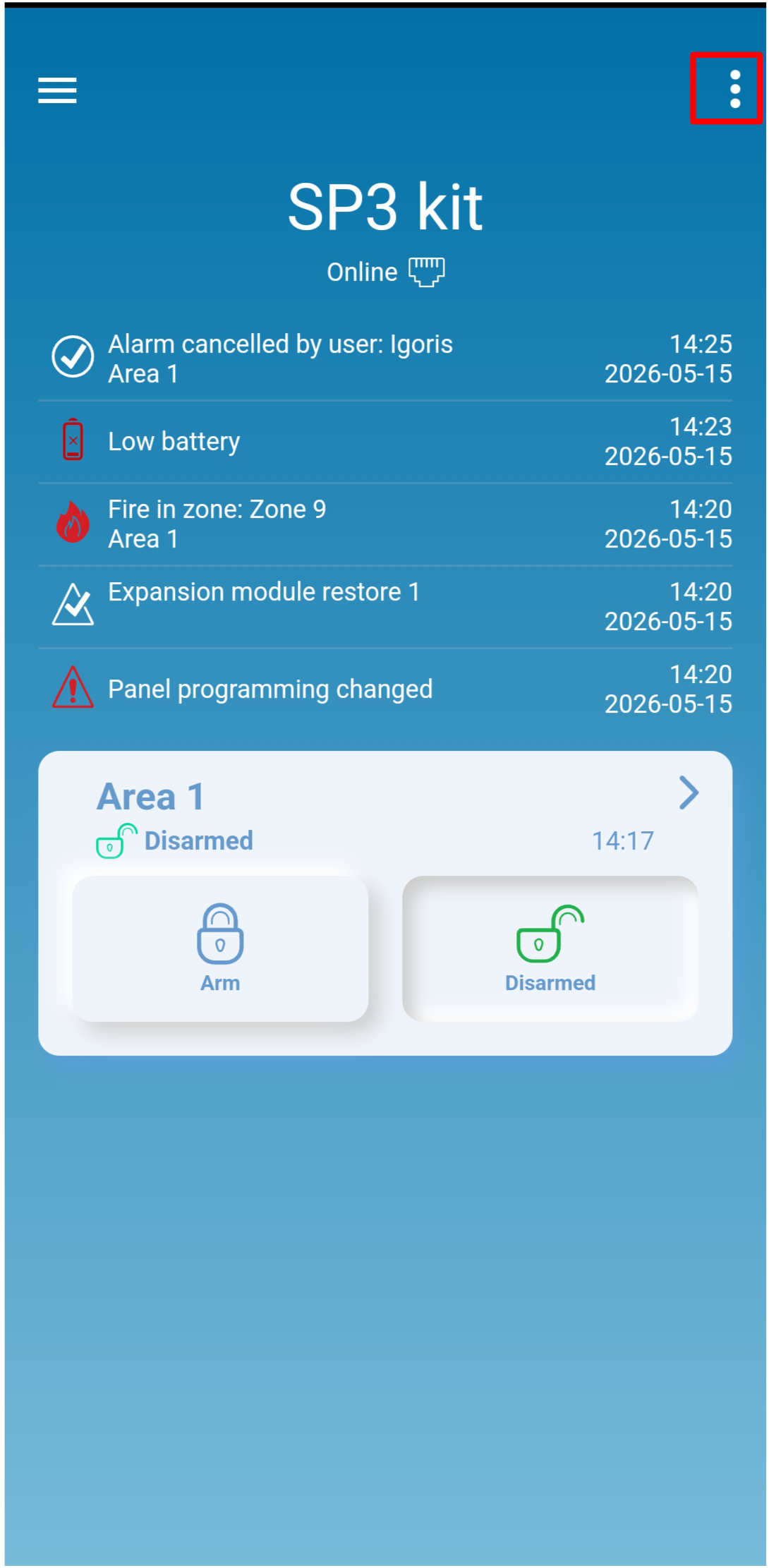 Protegus mobile app — SP3 kit home screen; three-dot menu button highlighted in top-right