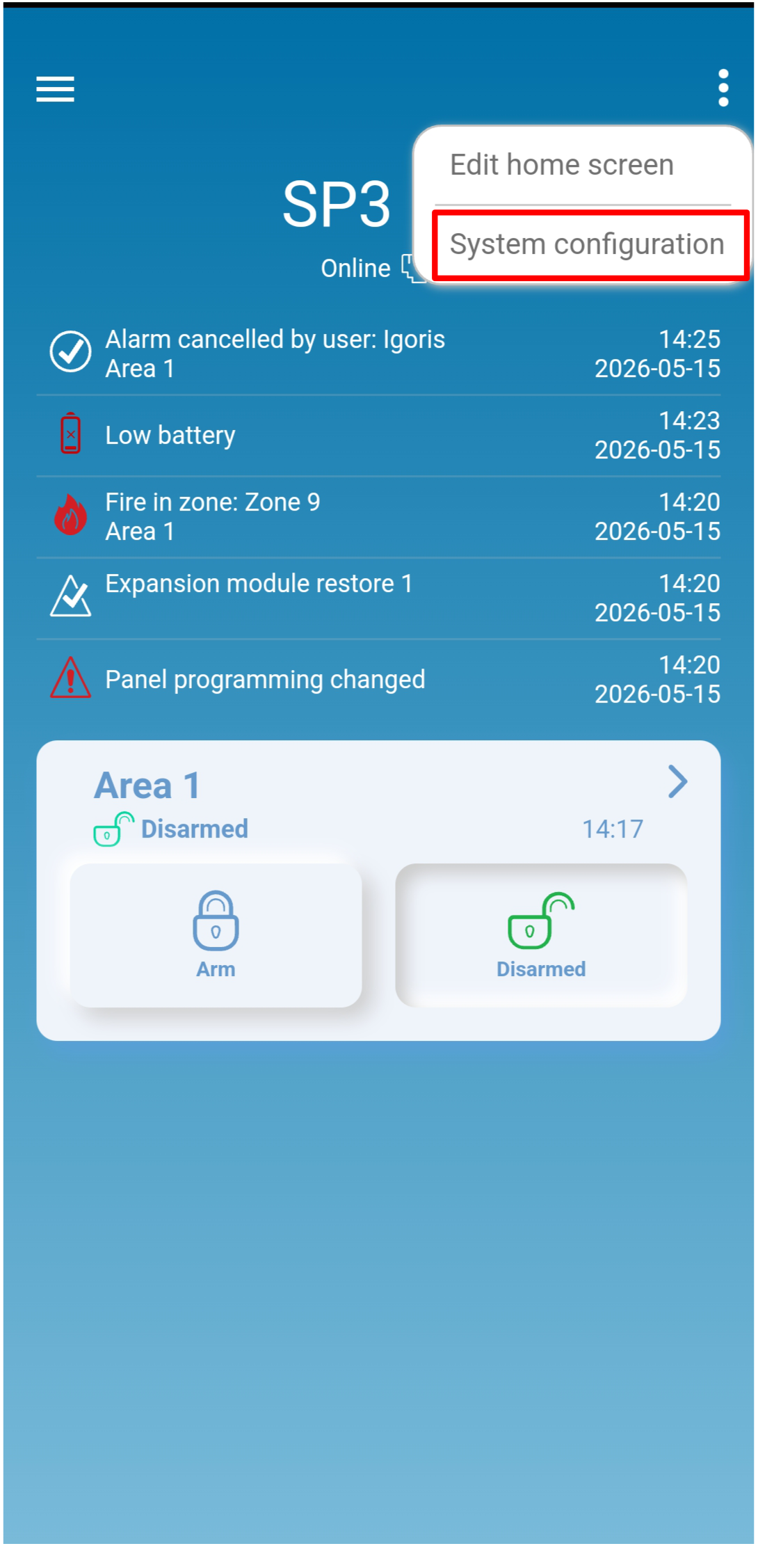 Protegus mobile app — dropdown menu with System configuration highlighted