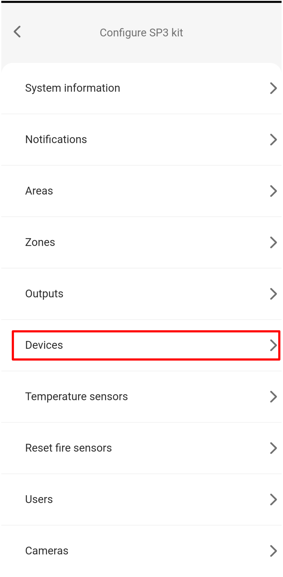 Protegus mobile app — Configure SP3 kit menu with Devices highlighted