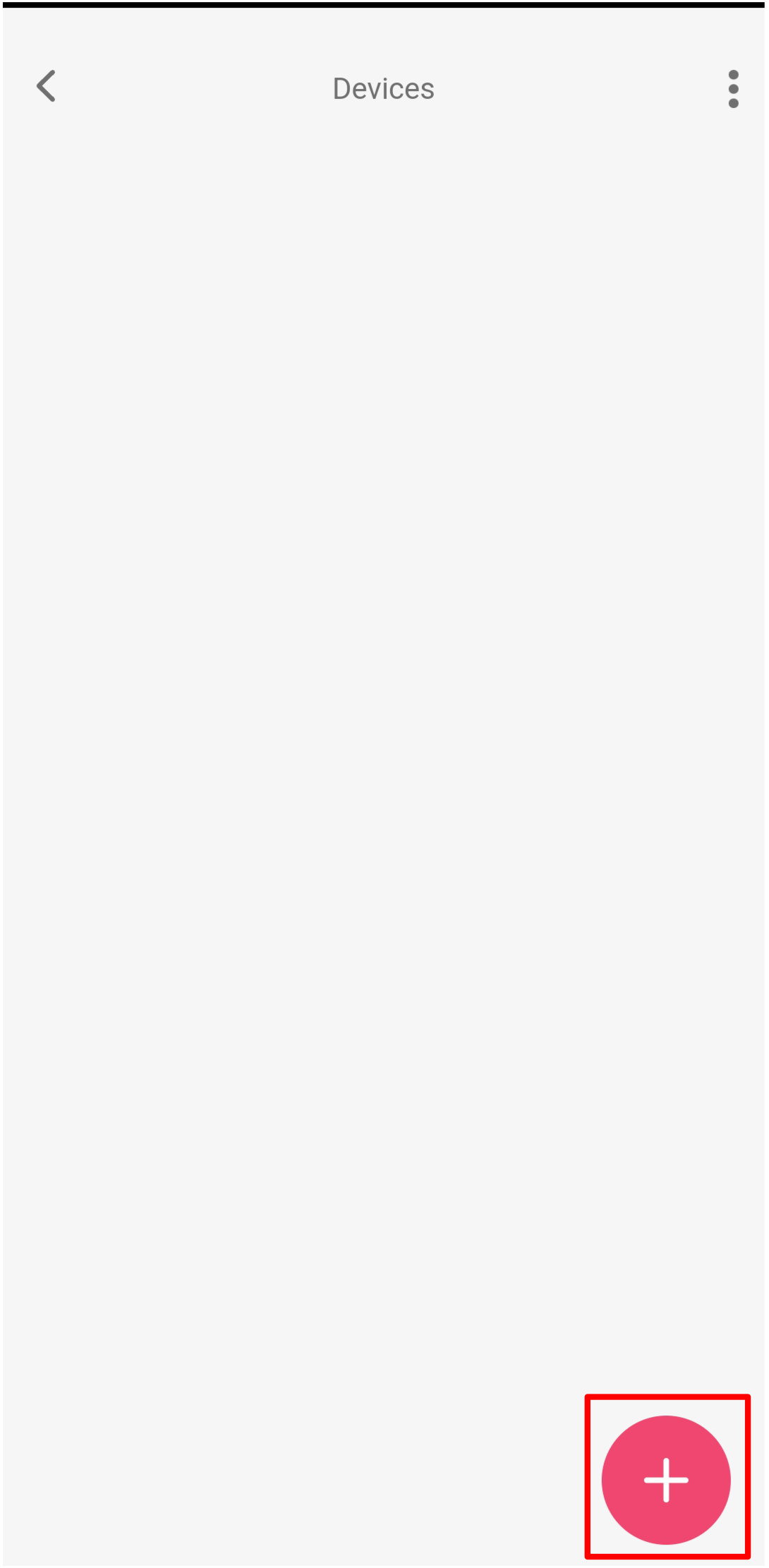 Protegus mobile app — empty Devices page; + button highlighted in bottom-right corner