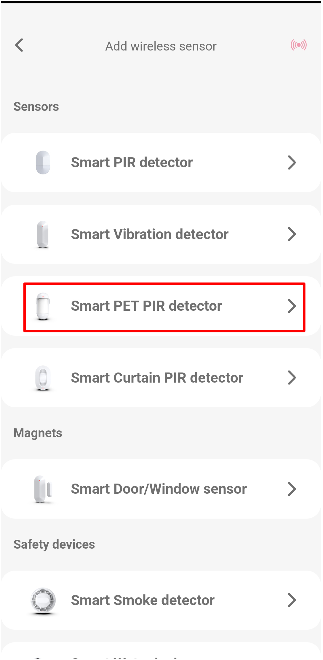 Protegus mobile app — Add wireless sensor type list with Smart PET PIR detector highlighted