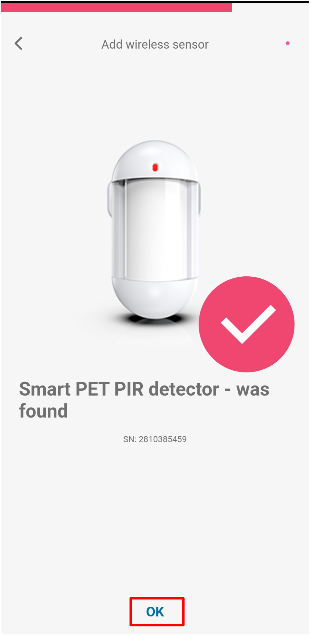 Protegus mobile app — Smart PET PIR detector successfully detected; OK button highlighted