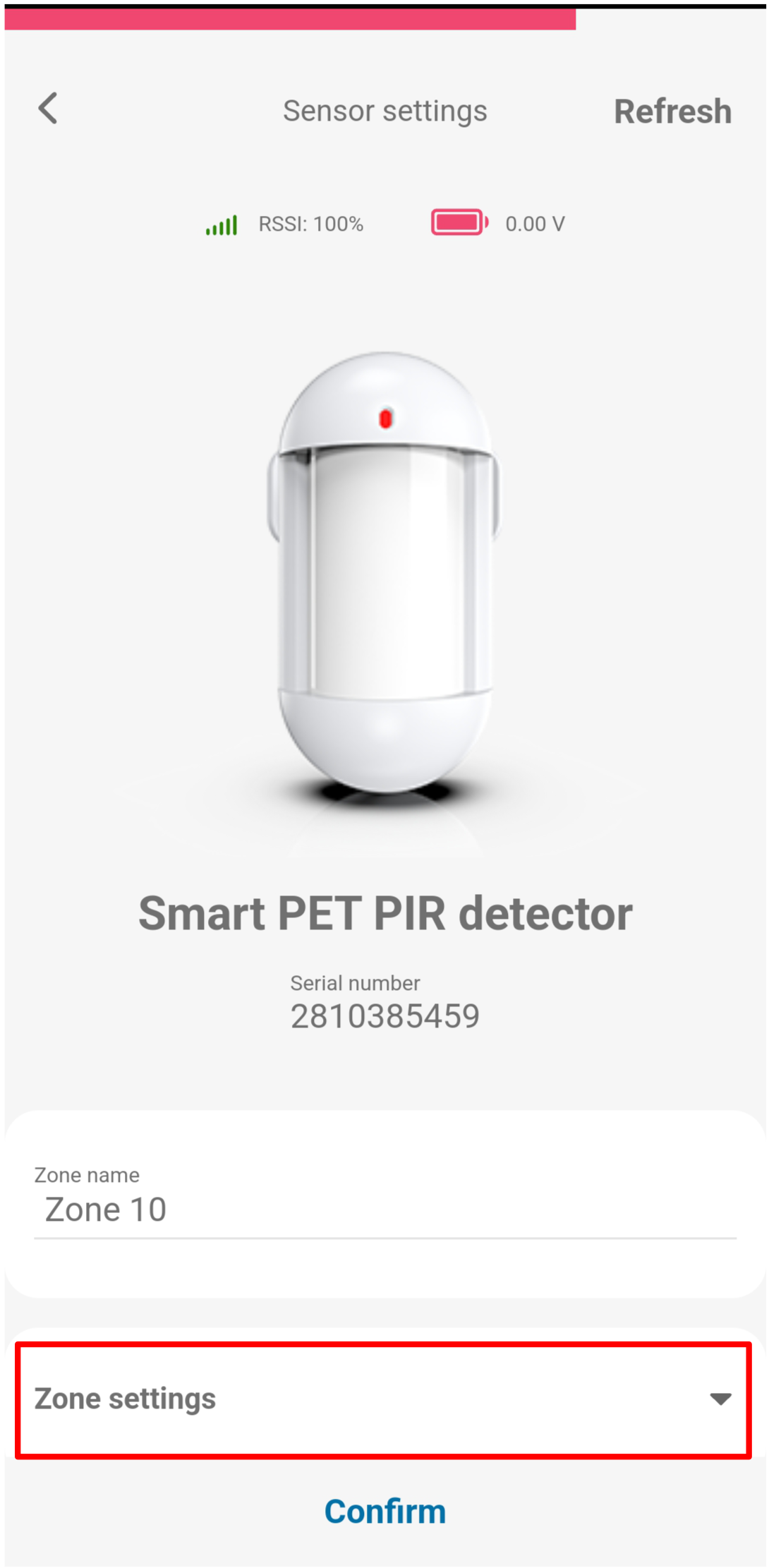 Protegus mobile app — Sensor settings page showing Zone settings section highlighted