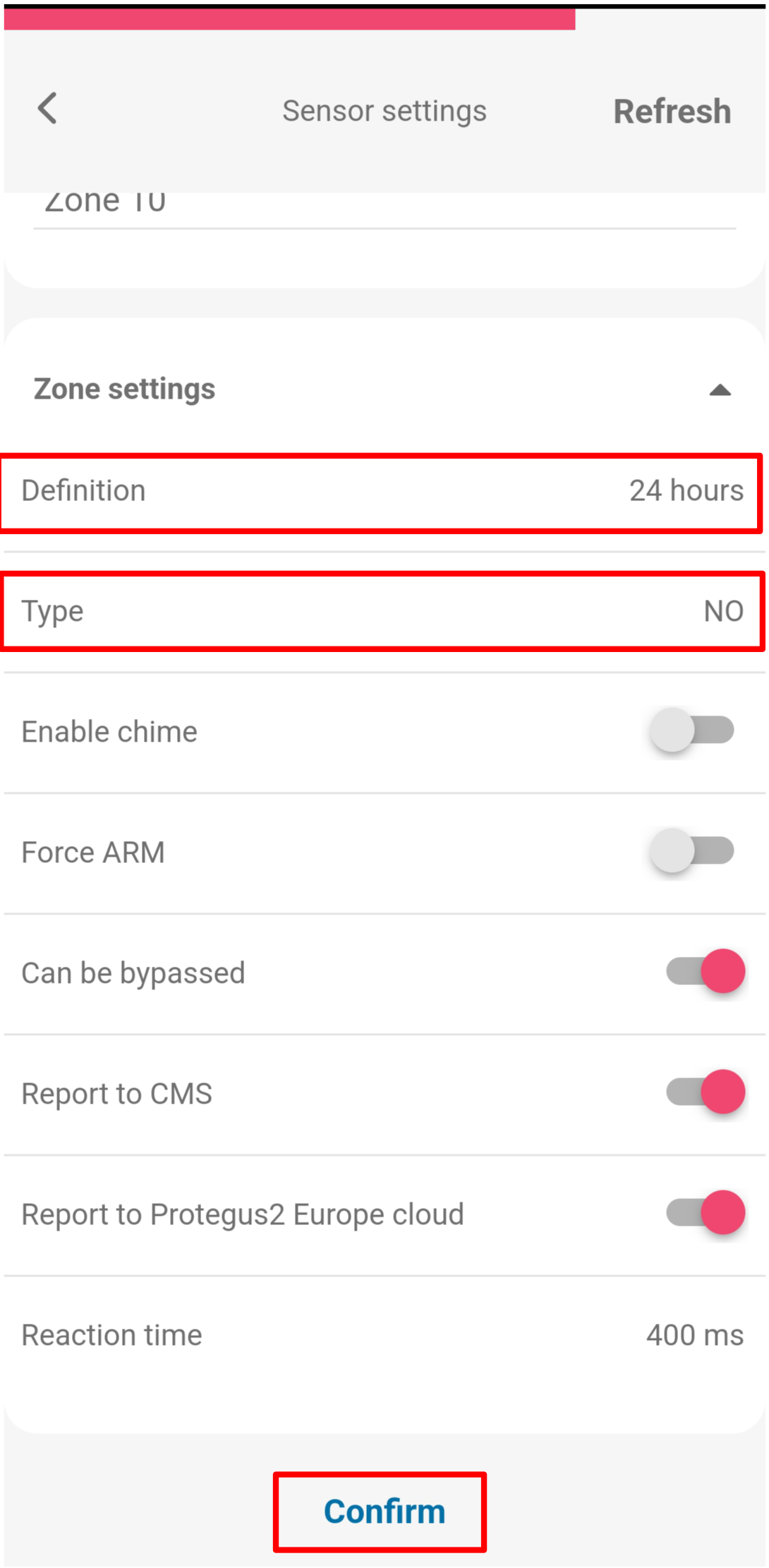Protegus mobile app — Zone settings expanded; Definition and Type fields highlighted; Confirm button highlighted