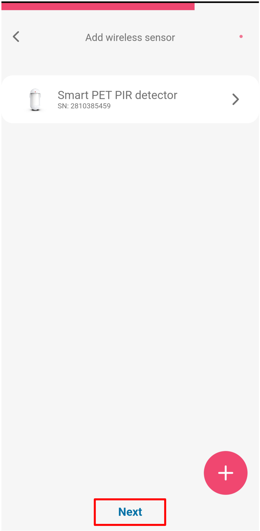 Protegus mobile app — sensor in list; Next button highlighted