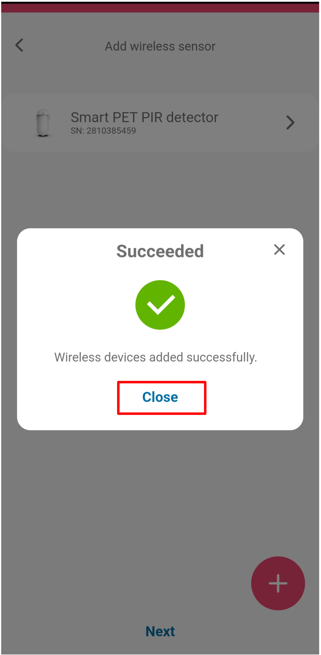 Protegus mobile app — "Wireless devices added successfully" dialog; Close button highlighted
