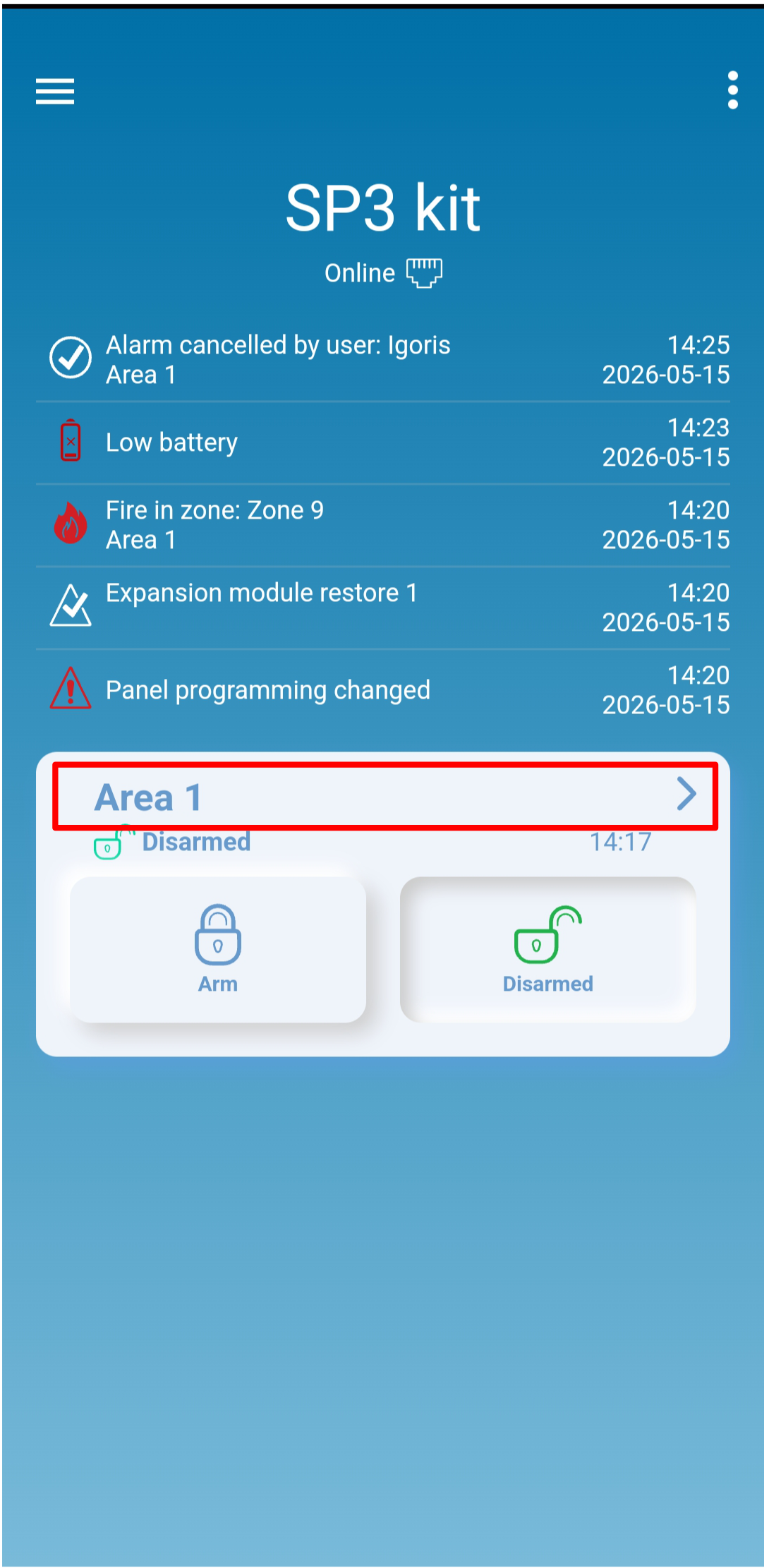 Protegus mobile app — SP3 kit home screen; Area 1 tile highlighted