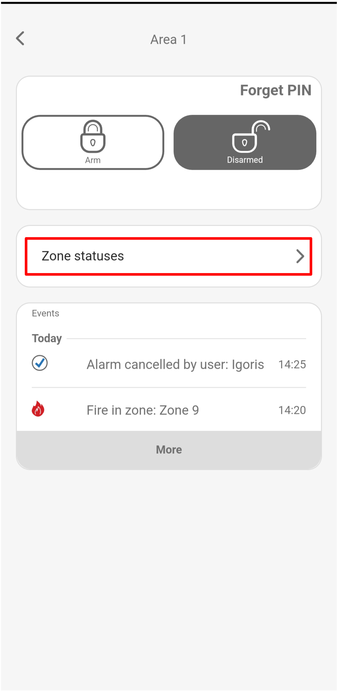 Protegus mobile app — Area 1 page with Zone statuses button highlighted