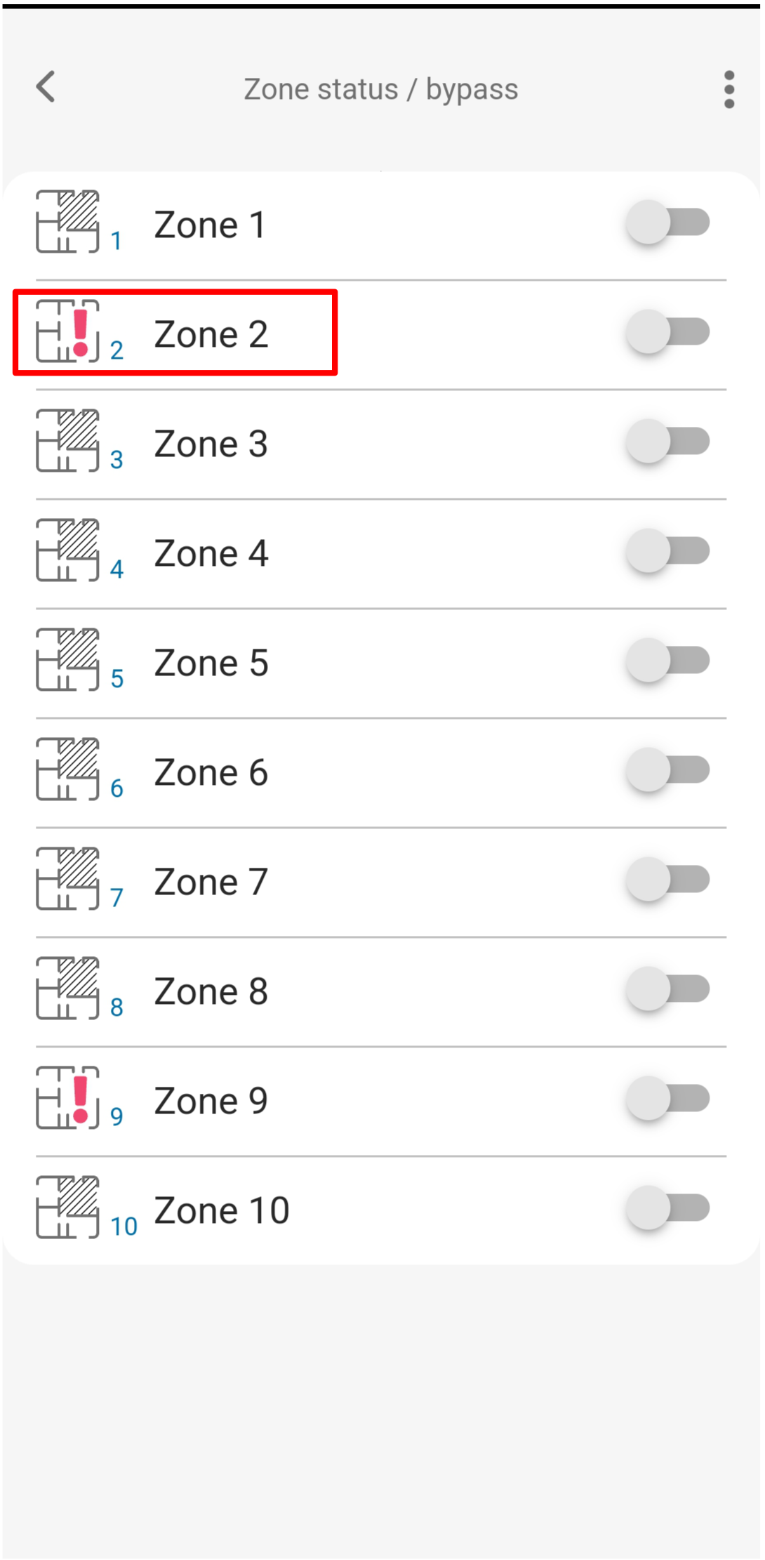 Protegus mobile app — Zone status/bypass list; Zone 2 with alert icon highlighted