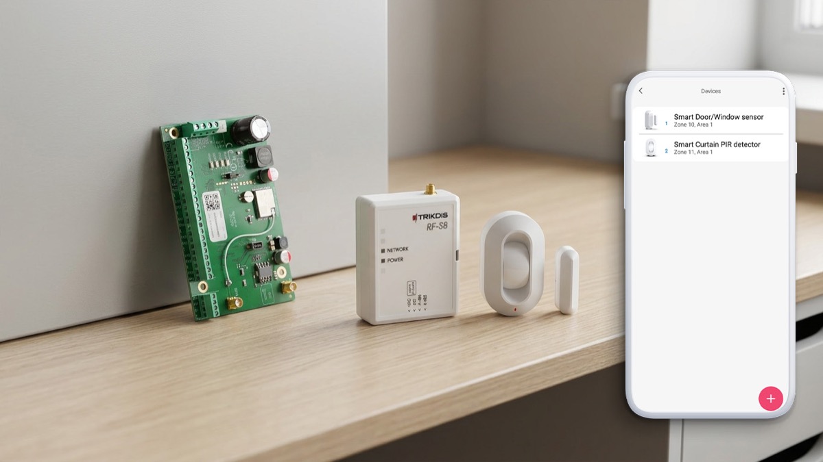 FLEXi SP3 control panel, RF-S8 transceiver and S8 sensors paired via Protegus