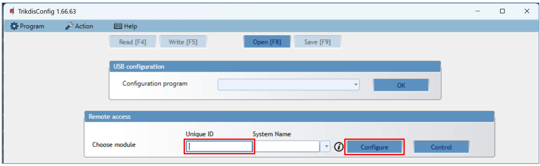 TrikdisConfig — Remote access section; Unique ID field and Configure button highlighted