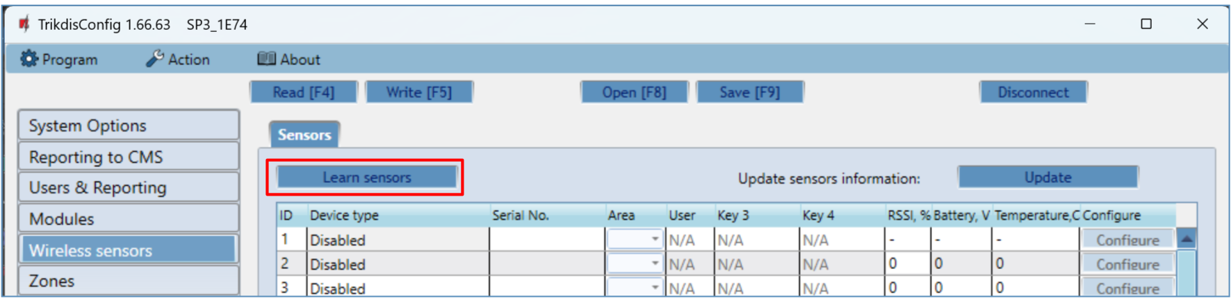 TrikdisConfig — Wireless sensors tab with Learn sensors button highlighted