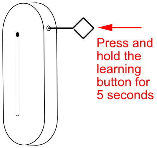 Diagram showing sensor with arrow pointing to learn button: "Press and hold the learning button for 5 seconds"