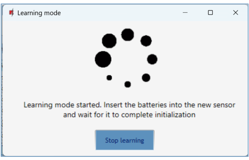 TrikdisConfig — Learning mode dialog: "Learning mode started. Insert the batteries into the new sensor and wait for it to complete initialization"; Stop learning button