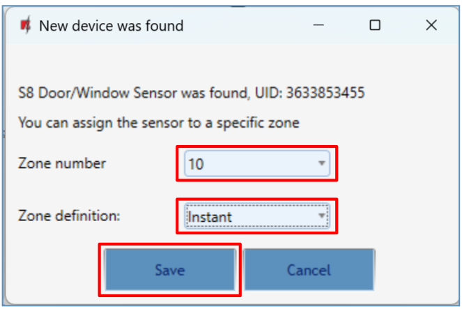 TrikdisConfig — New device was found dialog; Zone number and Zone definition fields highlighted; Save button highlighted