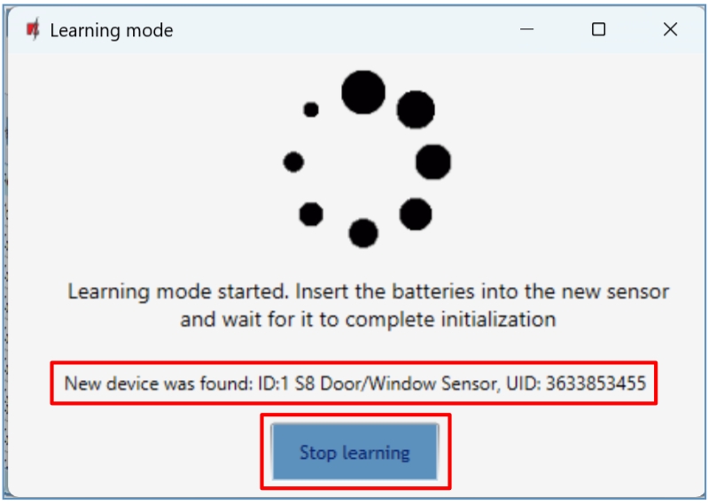 TrikdisConfig — Learning mode showing "New device was found: ID:1 S8 Door/Window Sensor, UID: …"; Stop learning button highlighted