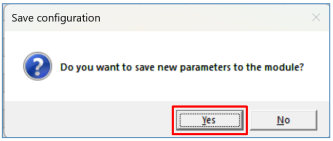 TrikdisConfig — "Save configuration" dialog asking to save new parameters; Yes button highlighted