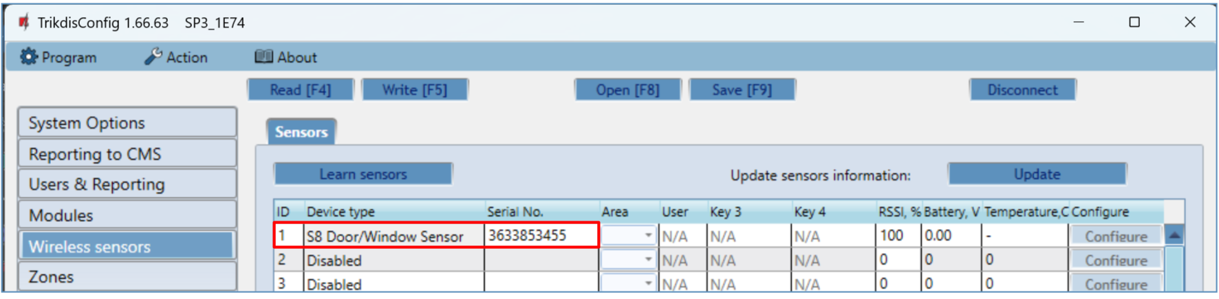 TrikdisConfig — Wireless sensors tab showing S8 Door/Window Sensor registered with serial number