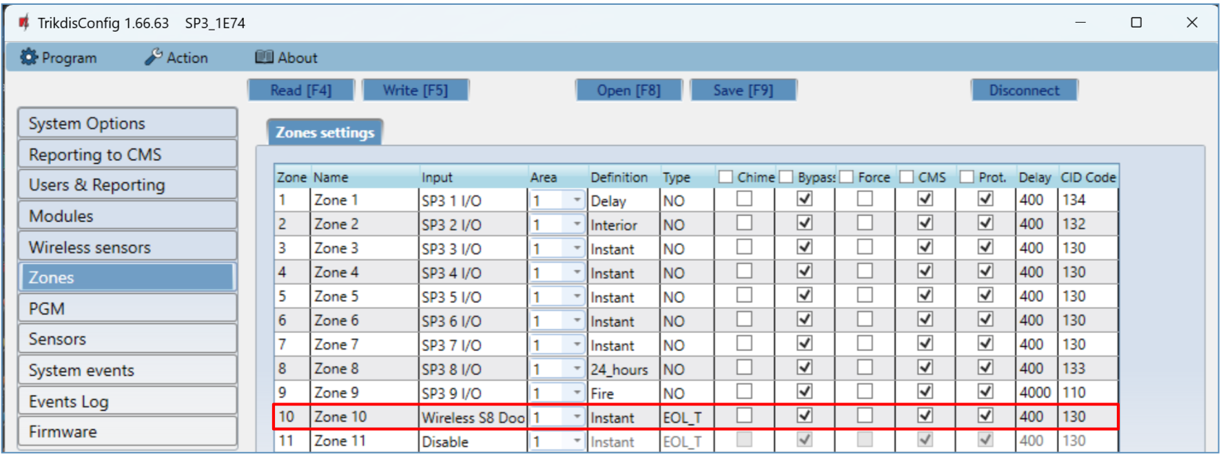 TrikdisConfig — Zones settings table with zone assignments and area configuration