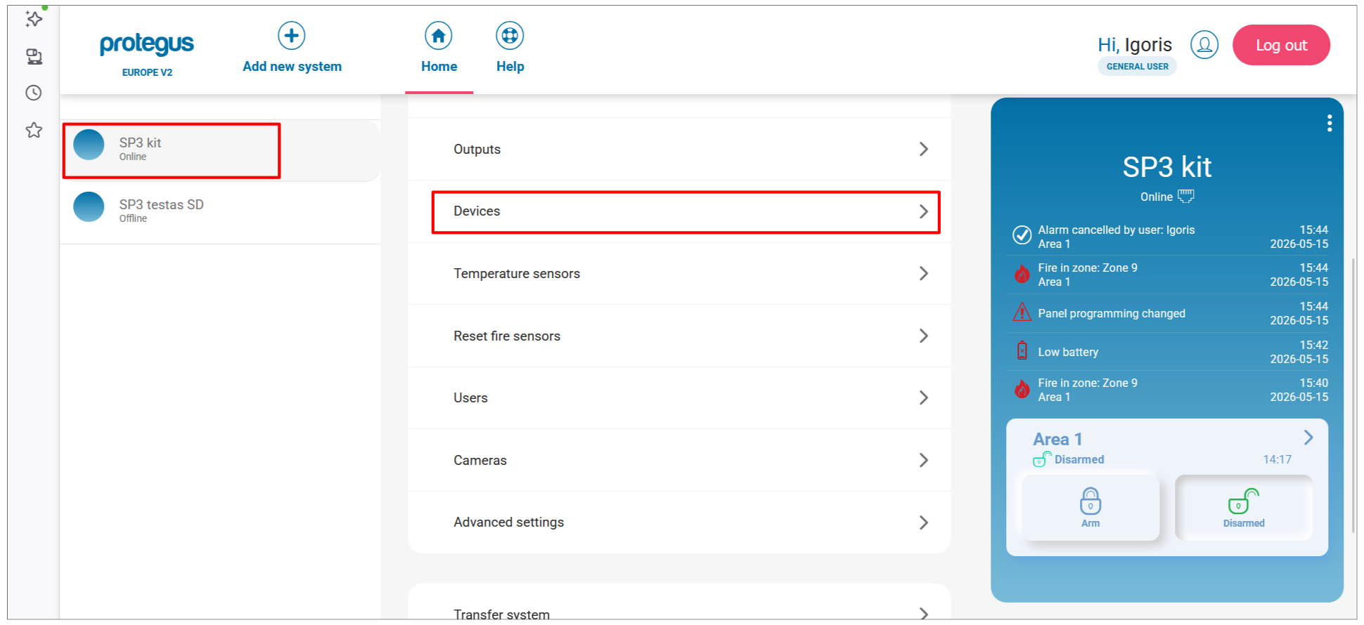 Protegus web app — SP3 kit selected in left panel; Devices menu item highlighted