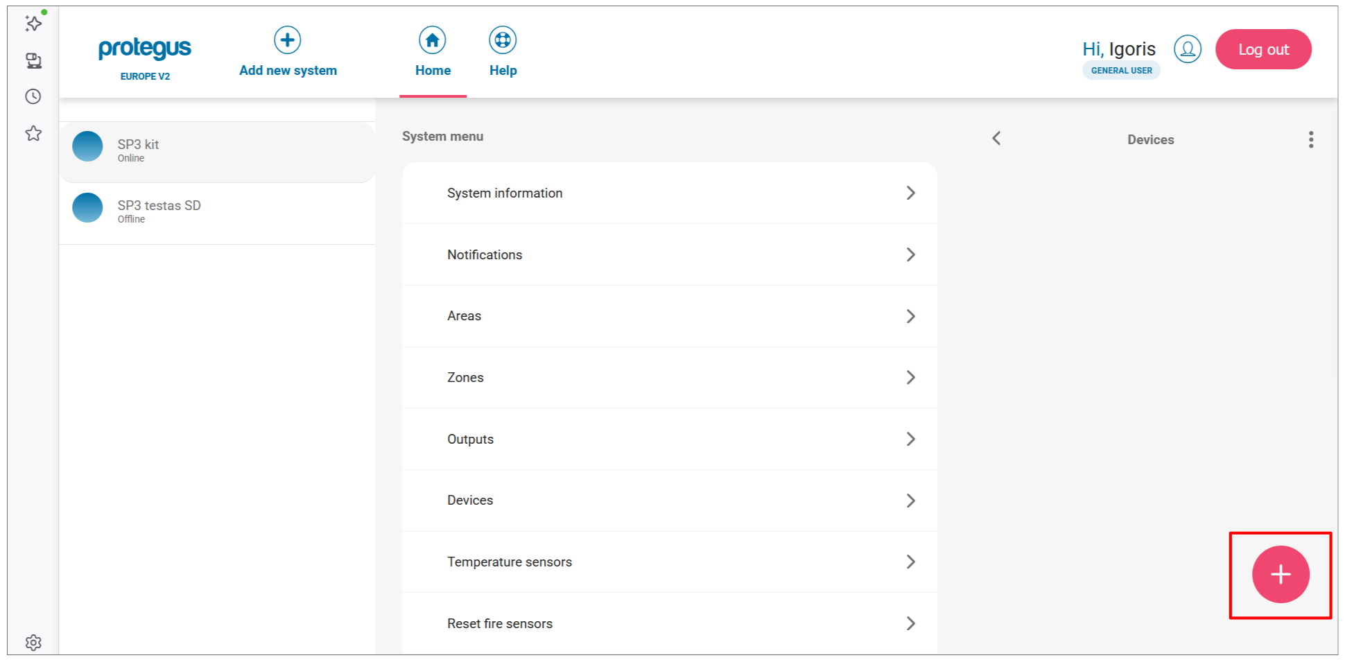 Protegus web app — Devices page with + button highlighted in bottom-right corner