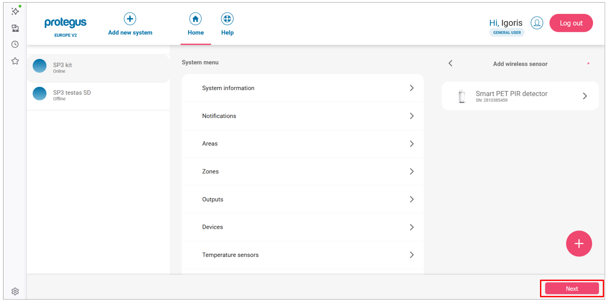 Protegus web app — paired sensor in list with NEW badge; Next button highlighted
