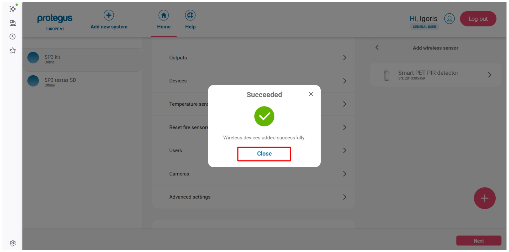 Protegus web app — "Wireless devices added successfully" dialog; Close button highlighted